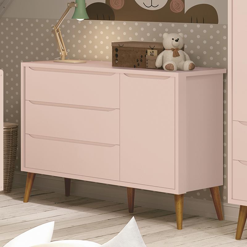 Cômoda Infantil 1 Porta e 3 Gavetas Theo Retrô Rosa Fosco com Pés Amadeirado - Reller Móveis