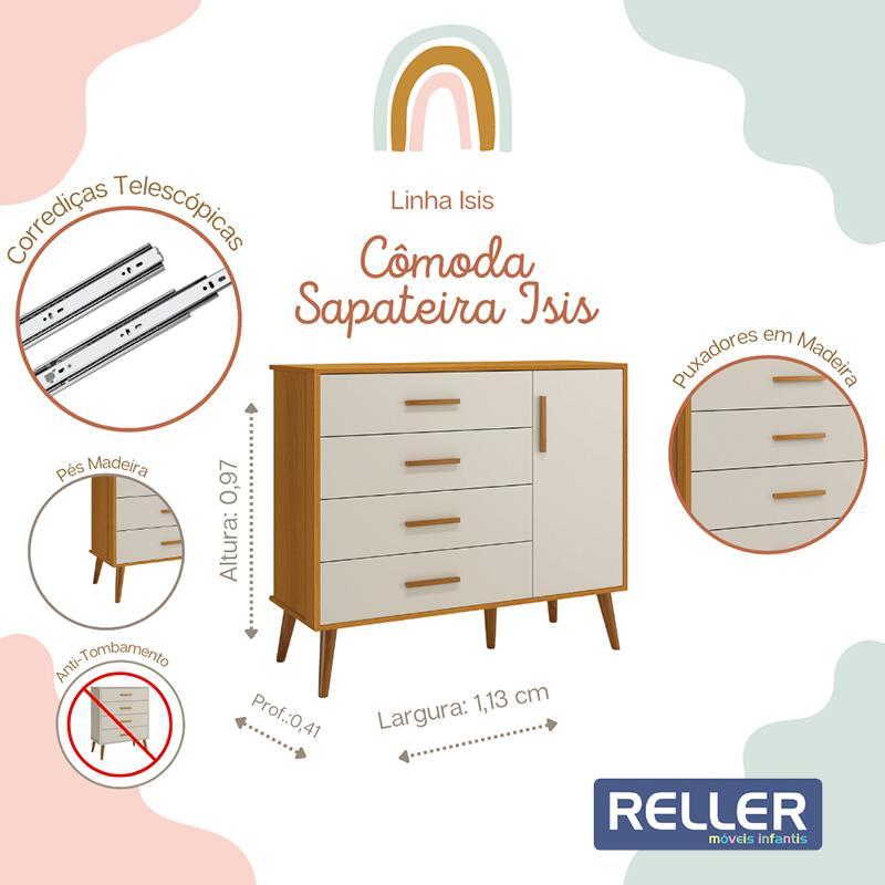 Cômoda Infantil Isis 1 Porta e 4 Gavetas Areia/Savana - Reller Móveis 