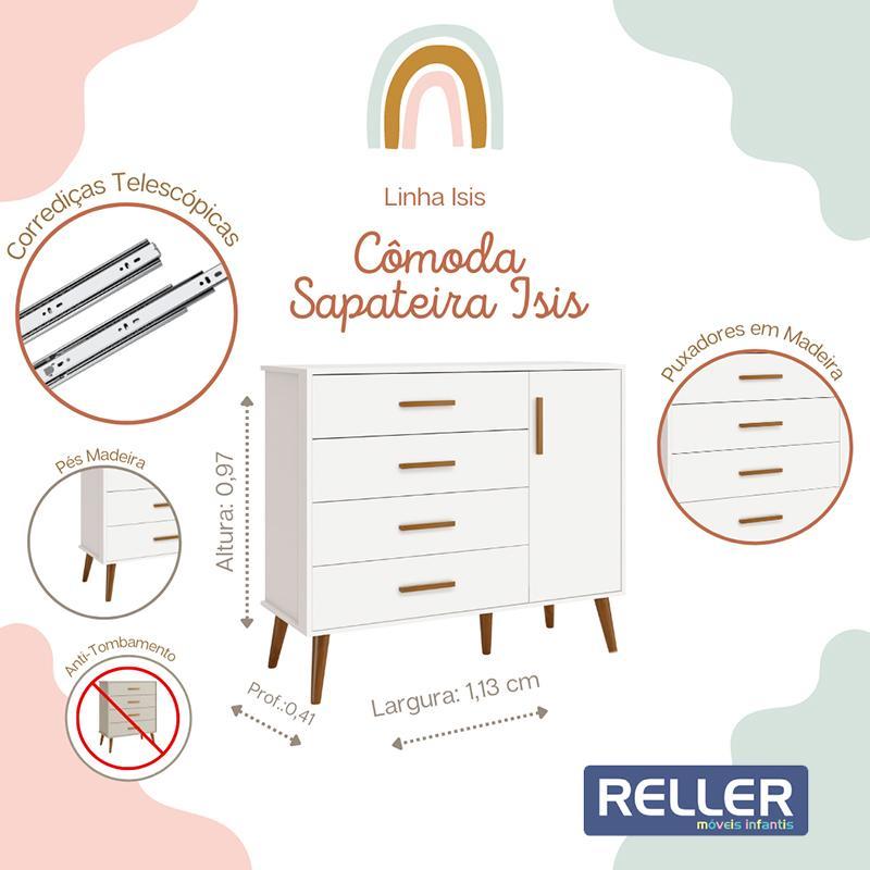 Cômoda Infantil Isis 1 Porta e 4 Gavetas Branco - Reller Móveis 