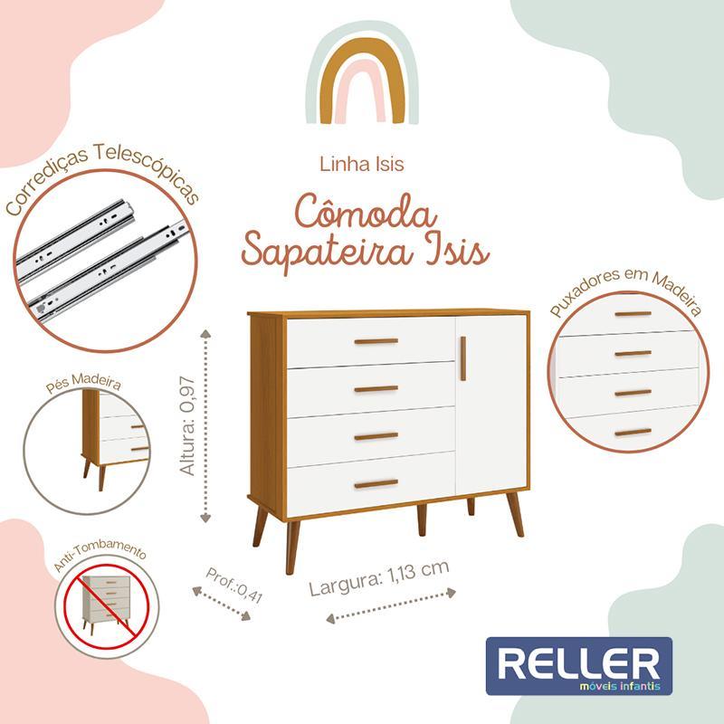 Cômoda Infantil Isis 1 Porta e 4 Gavetas Branco/Savana - Reller Móveis 
