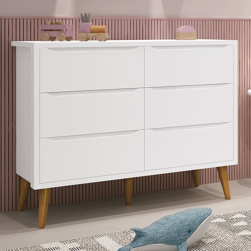 Cômoda Infantil Theo 6 Gavetas Branco Fosco com Pés Amadeirado - Reller Móveis