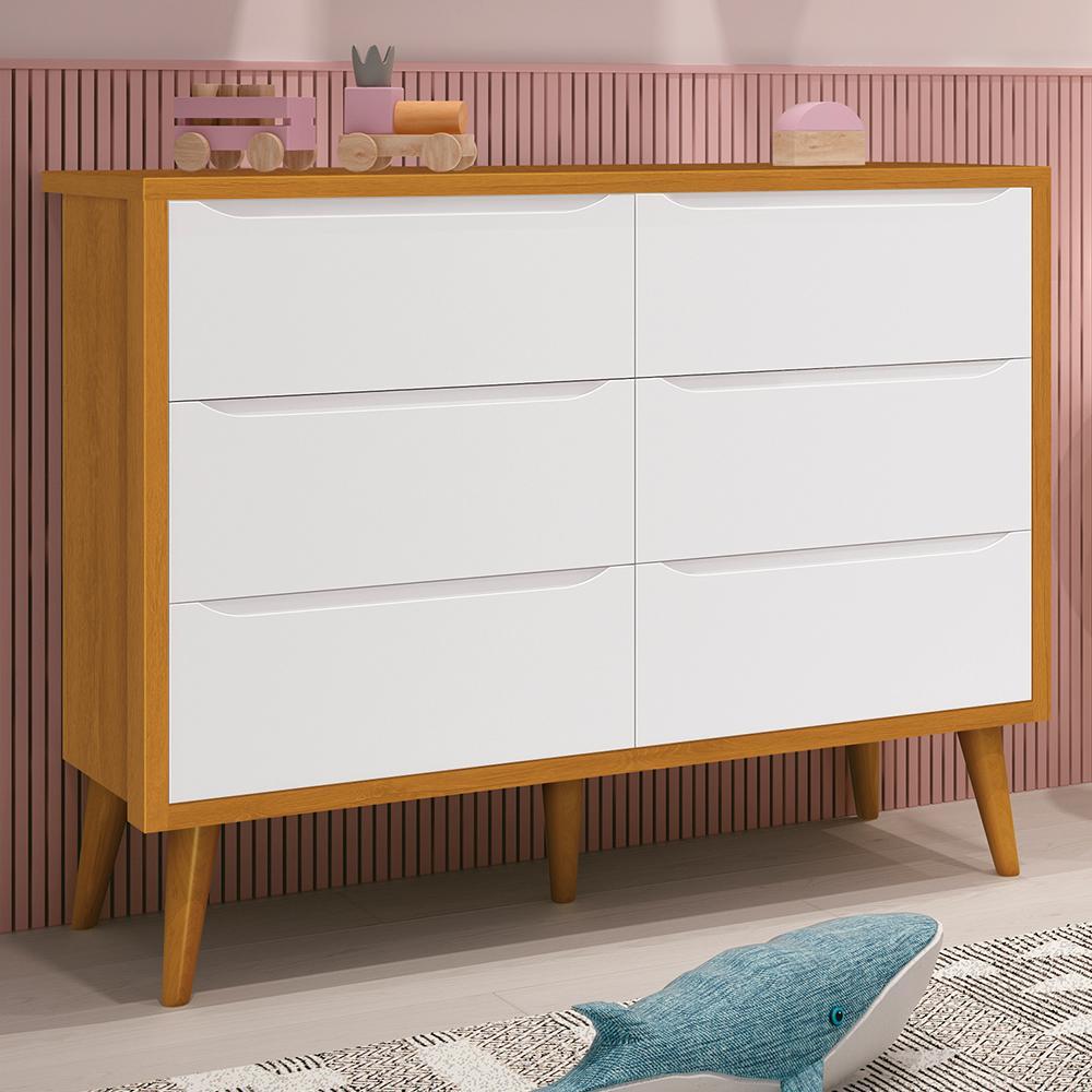 Cômoda Infantil Theo 6 Gavetas Branco/Savana com Pés Amadeirado - Reller Móveis