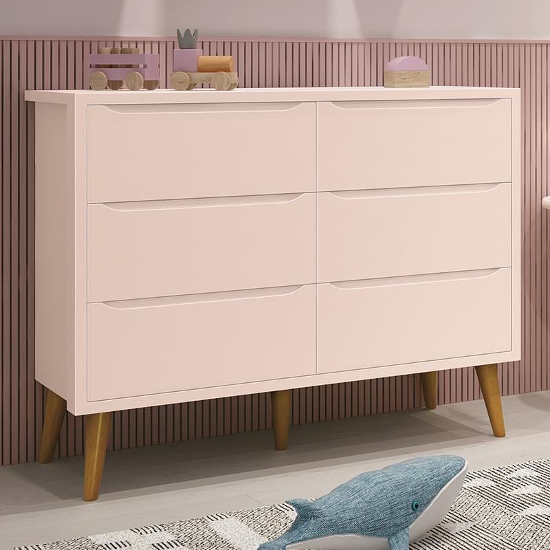 Cômoda Infantil Theo 6 Gavetas Rosa Fosco com Pés Amadeirado - Reller Móveis