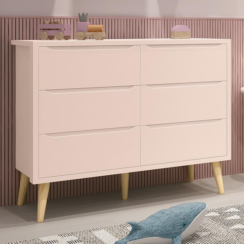 Cômoda Infantil Theo 6 Gavetas Rosa Fosco com Pés Madeira Natural - Reller Móveis 
