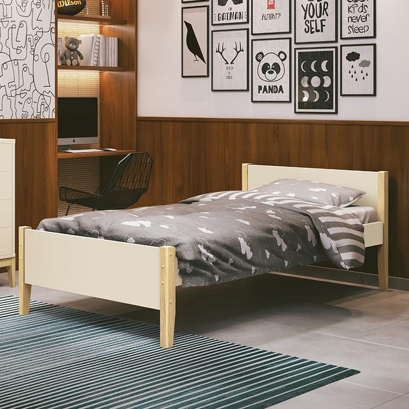 Cama Solteiro Simba Areia Fosco Pés Madeira Natural com Colchão D33 - Reller Móveis 