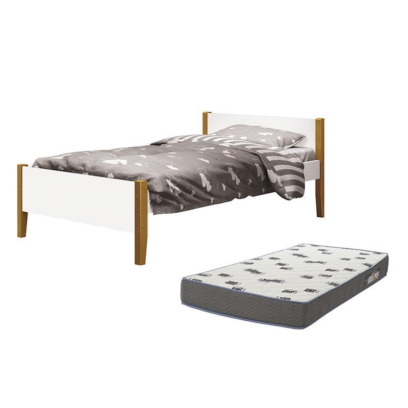 Cama Solteiro Simba Branco Fosco Pés Amadeirado com Colchão D33 - Reller Móveis