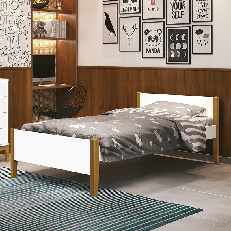 Cama Solteiro Simba Branco Fosco Pés Amadeirado com Colchão D33 - Reller Móveis