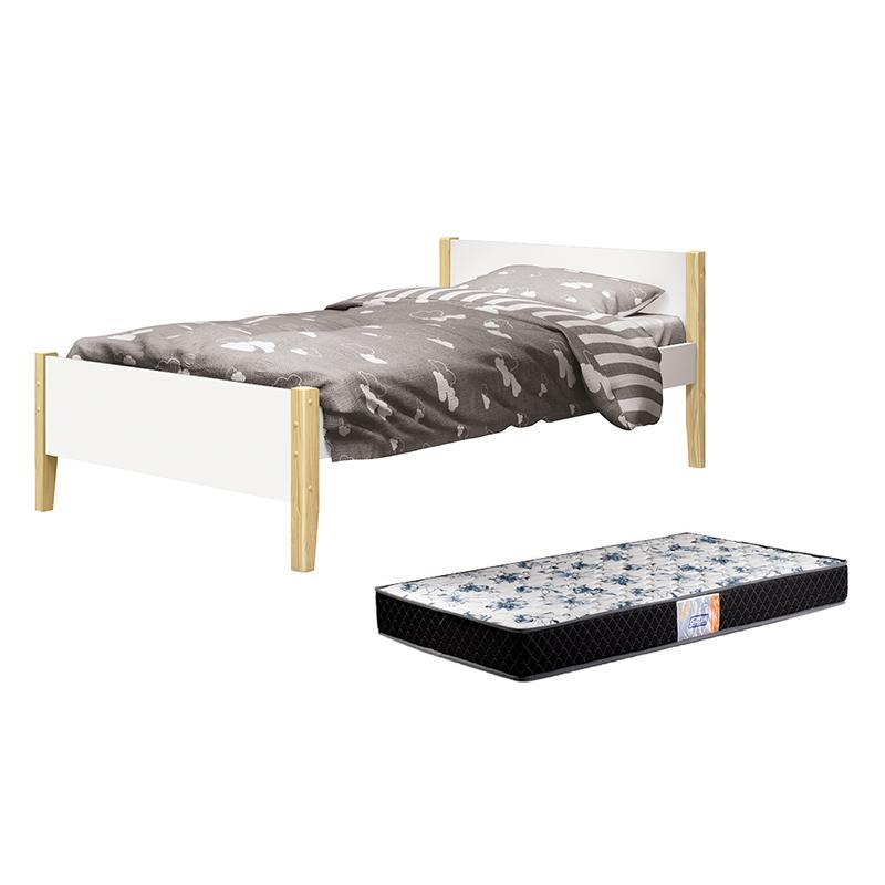Cama Solteiro Simba Branco Fosco com Pés Madeira Natural e Colchão D33 - Reller Móveis