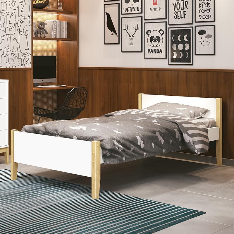 Cama Solteiro Simba Branco Fosco com Pés Madeira Natural e Colchão D33 - Reller Móveis