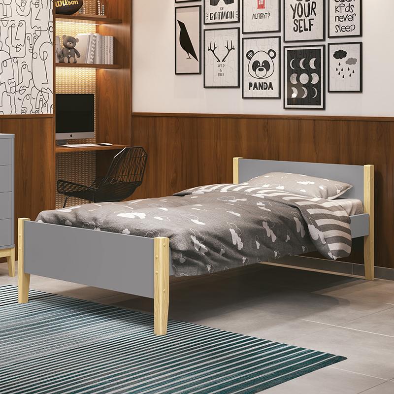 Cama Solteiro Simba Cinza Fosco com Pés Madeira Natural e Colchão D33 - Reller Móveis 