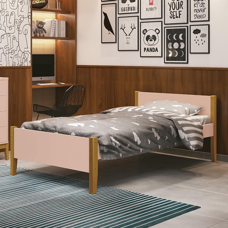 Cama Solteiro Simba Rosa Fosco com Pés Amadeirado e Colchão D20 - Reller Móveis 