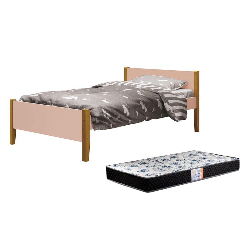 Cama Solteiro Simba Rosa Fosco com Pés Amadeirado e Colchão D33 - Reller Móveis 