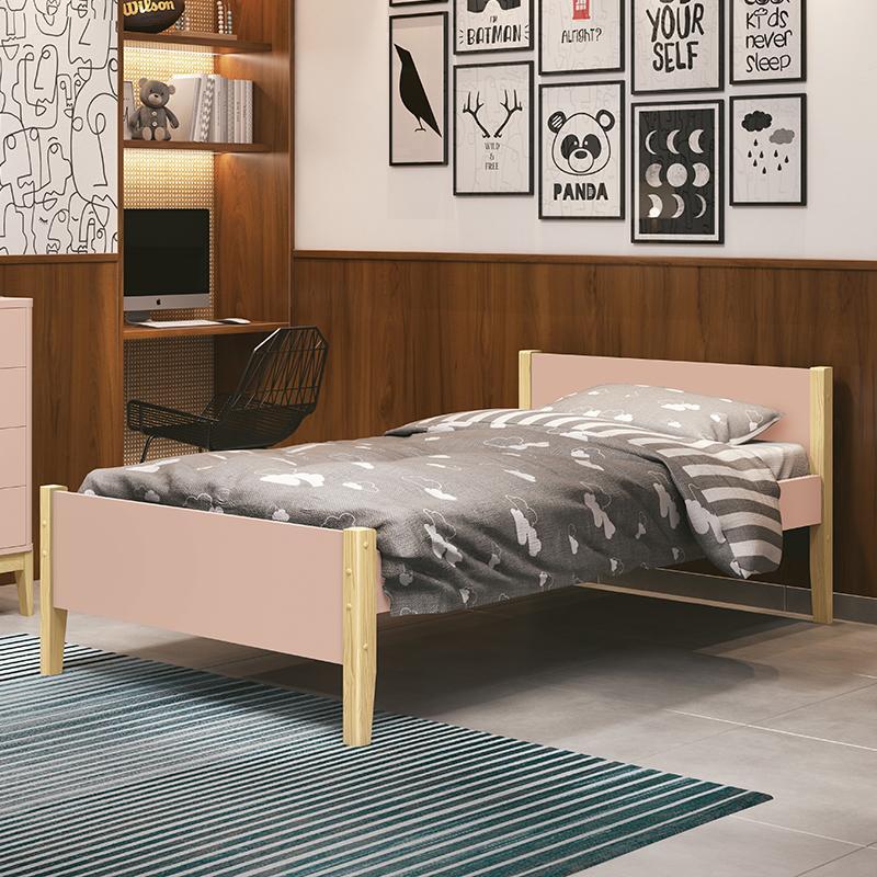Cama Solteiro Simba Rosa Fosco com Pés Madeira Natural e Colchão D20 - Reller Móveis 
