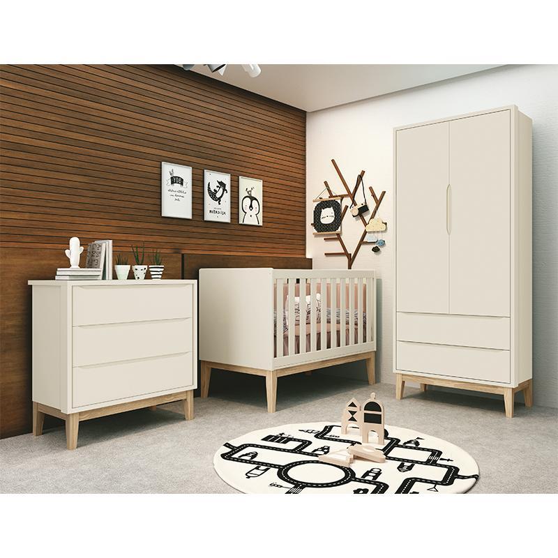 Dormitório Classic 2 Portas Areia Fosco com Pés Madeira Natural e Colchão D18 Branco - Reller Móveis