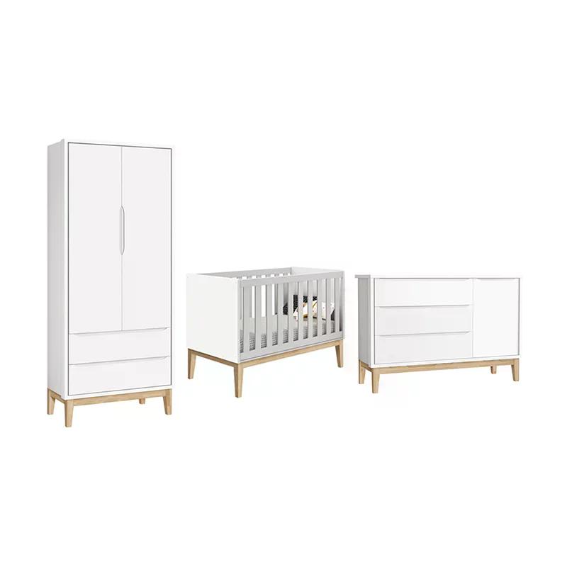 Dormitório Classic 2 Portas e Cômoda com Porta Branco com Pés Madeira Natural - Reller Móveis