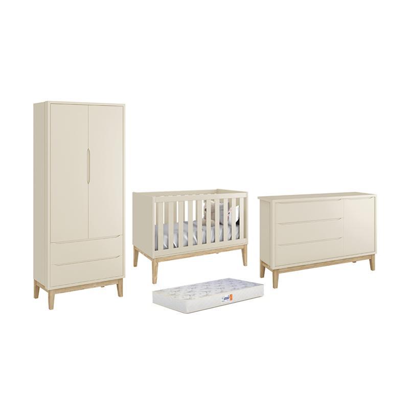 Dormitório Classic 2 Portas, Cômoda com Porta Areia Fosco com Pés Madeira Natural e Colchão D18 - Reller Móveis 