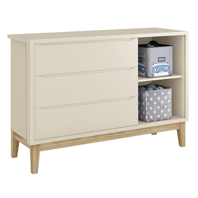 Dormitório Classic 2 Portas, Cômoda com Porta Areia Fosco com Pés Madeira Natural e Colchão D18 - Reller Móveis 