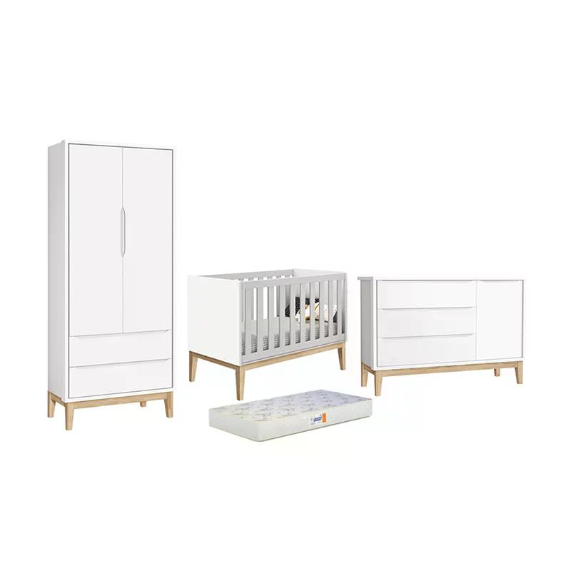 Dormitório Classic 2 Portas, Cômoda com Porta Branco com Pés Madeira Natural e Colchão D18 - Reller Móveis 