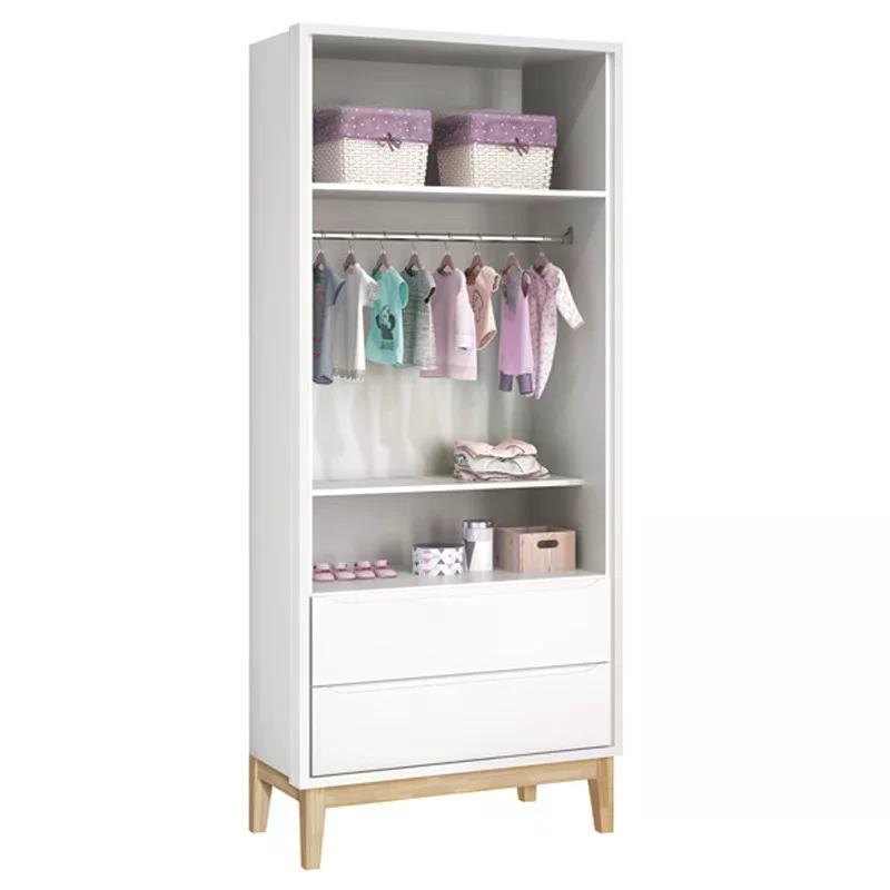 Dormitório Classic 2 Portas, Cômoda com Porta Branco com Pés Madeira Natural e Colchão D18 - Reller Móveis 