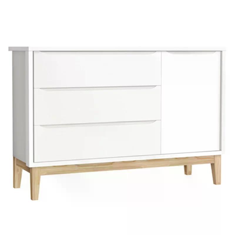 Dormitório Classic 2 Portas, Cômoda com Porta Branco com Pés Madeira Natural e Colchão D18 - Reller Móveis 