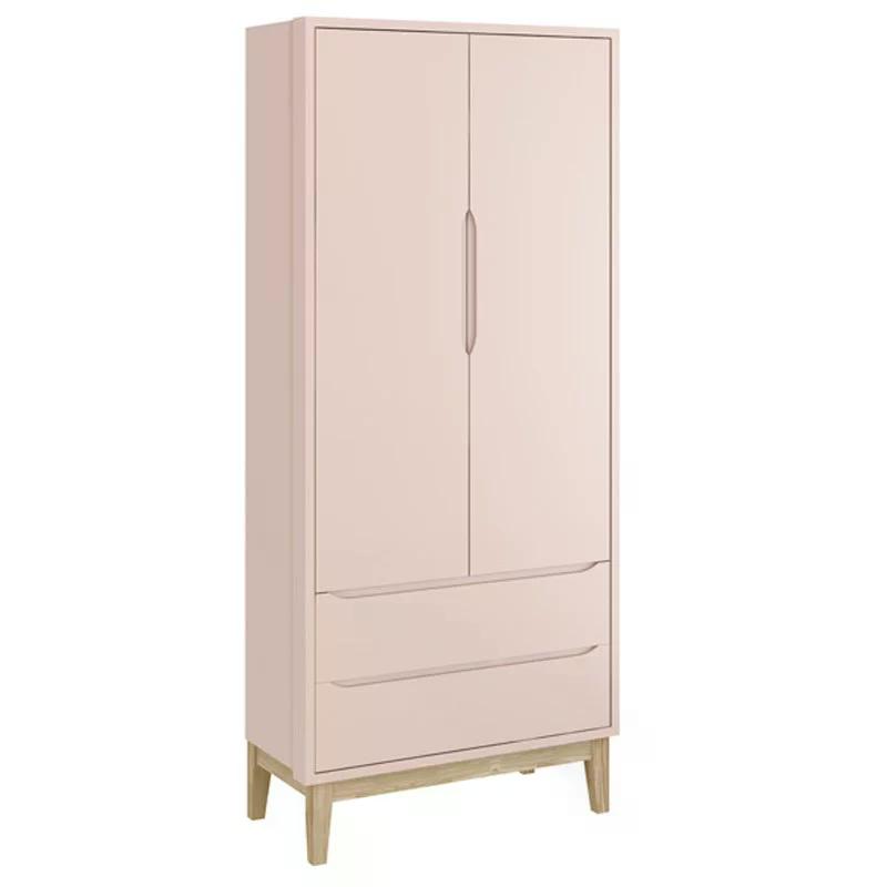 Dormitório Classic 2 Portas, Cômoda com Porta Rosa com Pés Madeira Natural e Colchão D18 - Reller Móveis