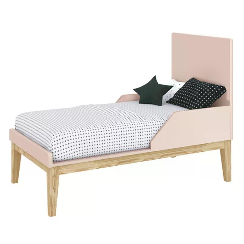 Dormitório Classic 2 Portas, Cômoda com Porta Rosa com Pés Madeira Natural e Colchão D18 - Reller Móveis