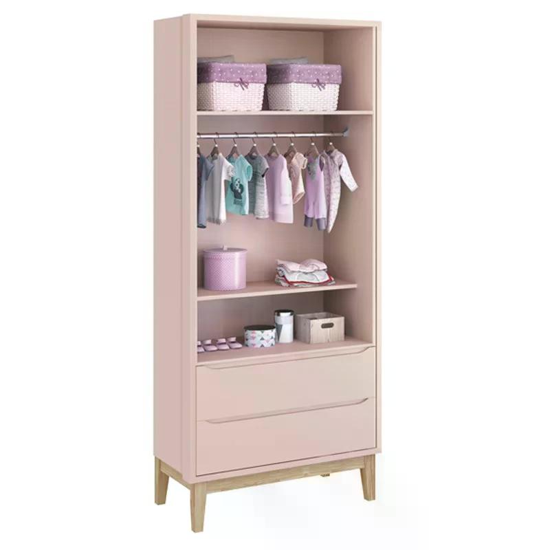 Dormitório Classic 2 Portas, Cômoda com Porta Rosa com Pés Madeira Natural e Colchão D18 - Reller Móveis