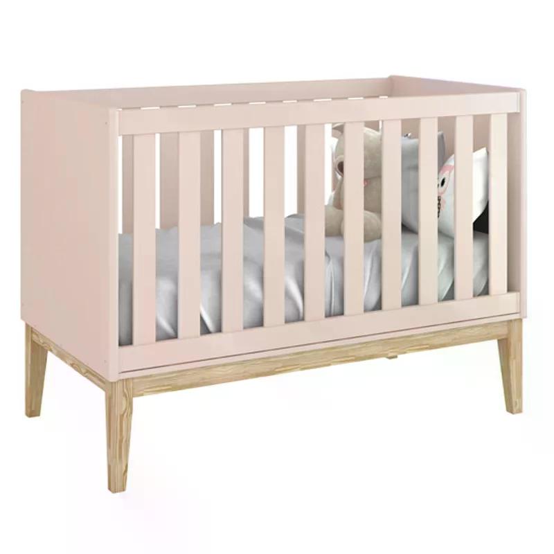 Dormitório Classic 2 Portas, Cômoda com Porta Rosa com Pés Madeira Natural e Colchão D18 - Reller Móveis