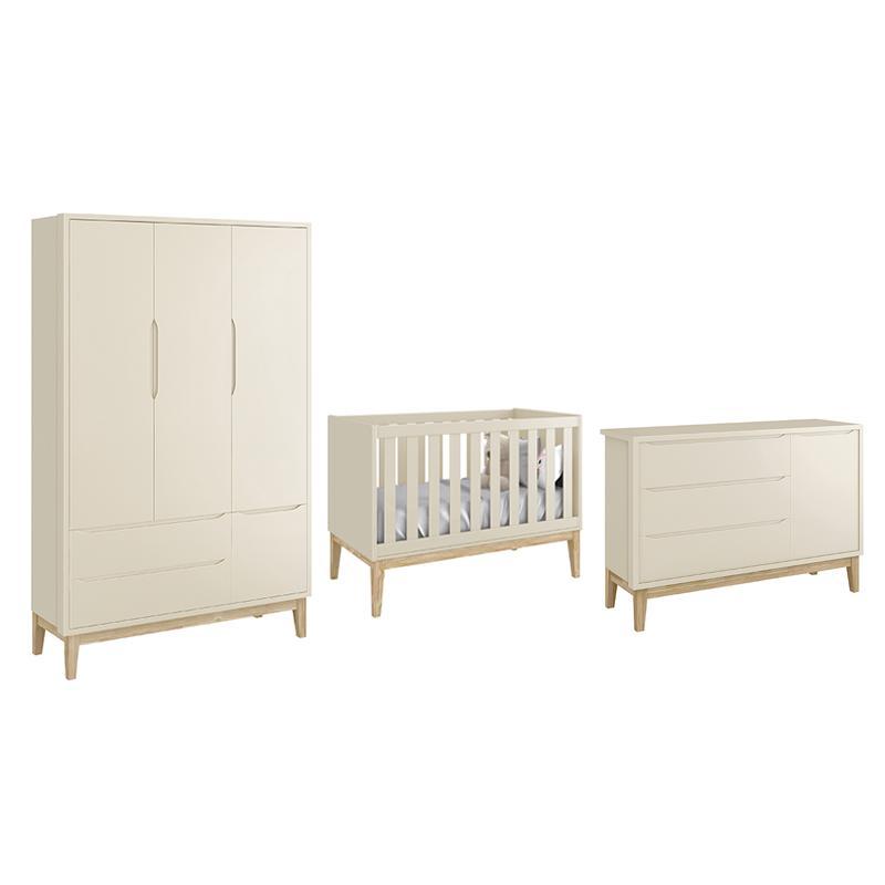 Dormitório Classic 3 Portas Areia Fosco com Pés Madeira Natural - Reller Móveis