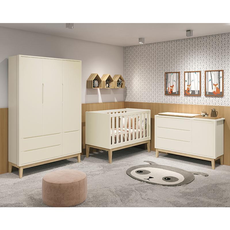 Dormitório Classic 3 Portas Areia com Pés Madeira Natural e Colchão D18 Branco - Reller Móveis 