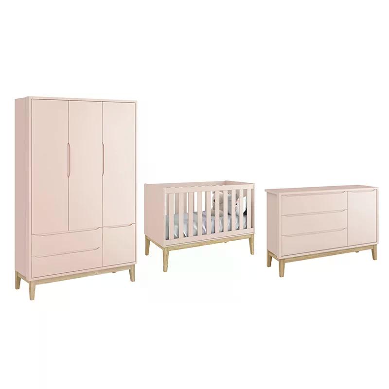 Dormitório Classic 3 Portas Rosa com Pés Madeira Natural - Reller Móveis