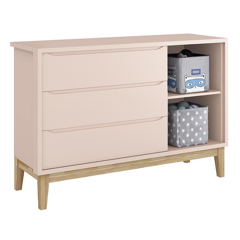 Dormitório Classic 3 Portas Rosa com Pés Madeira Natural e Colchão D18 Branco - Reller Móveis