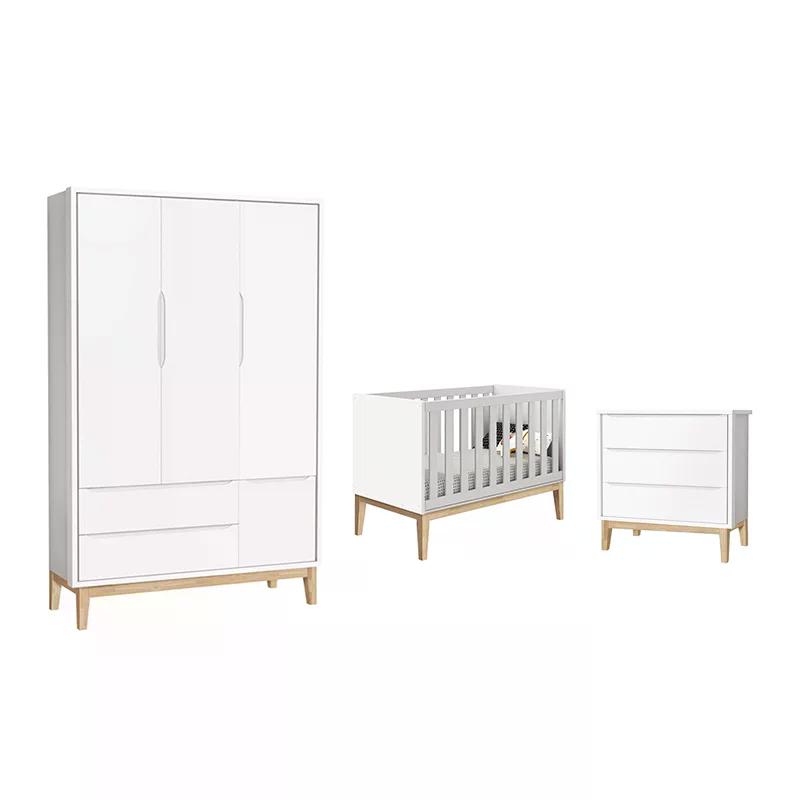 Dormitório Classic 3 Portas e Cômoda 3 Gavetas Branco com Pés Madeira Natural - Reller Móveis