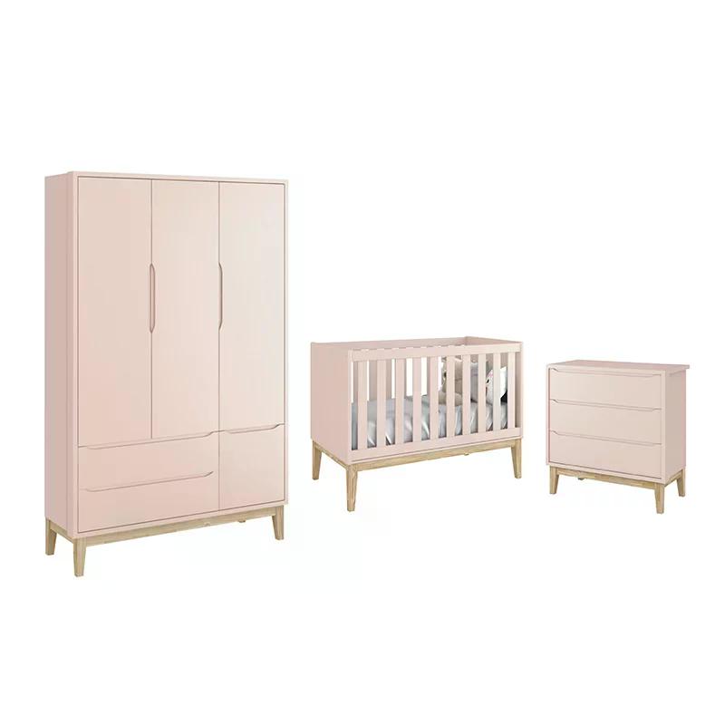 Dormitório Classic 3 Portas e Cômoda 3 Gavetas Rosa com Pés Madeira Natural - Reller Móveis