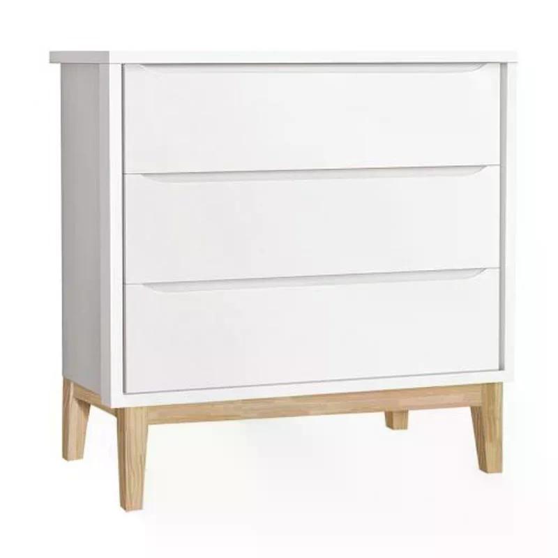 Dormitório Classic 3 Portas, Cômoda 3 Gavetas Branco com Pés Madeira Natural e Colchão D18 - Reller Móveis