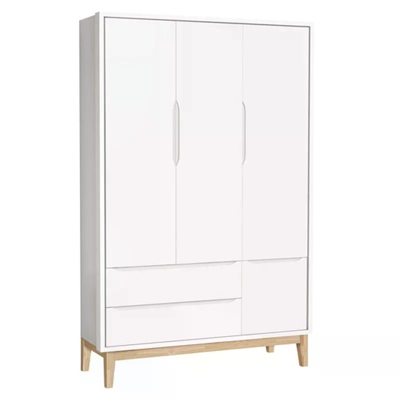 Dormitório Classic 3 Portas, Cômoda 3 Gavetas Branco com Pés Madeira Natural e Colchão D18 - Reller Móveis