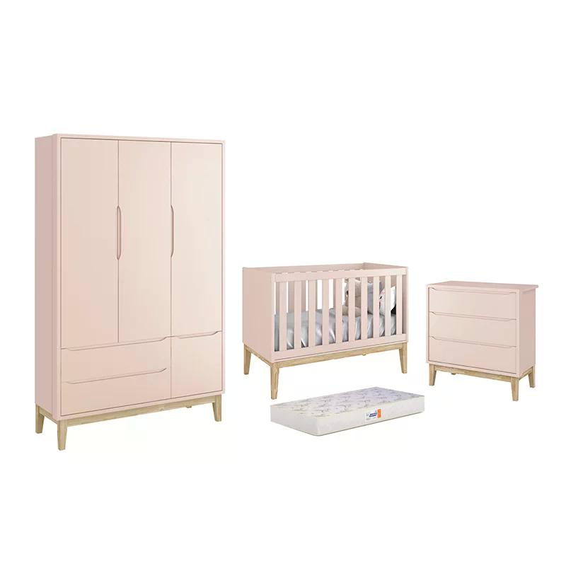 Dormitório Classic 3 Portas, Cômoda 3 Gavetas Rosa com Pés Madeira Natural e Colchão D18 - Reller Móveis