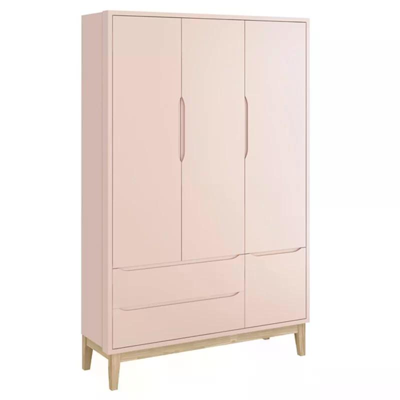 Dormitório Classic 3 Portas, Cômoda 3 Gavetas Rosa com Pés Madeira Natural e Colchão D18 - Reller Móveis