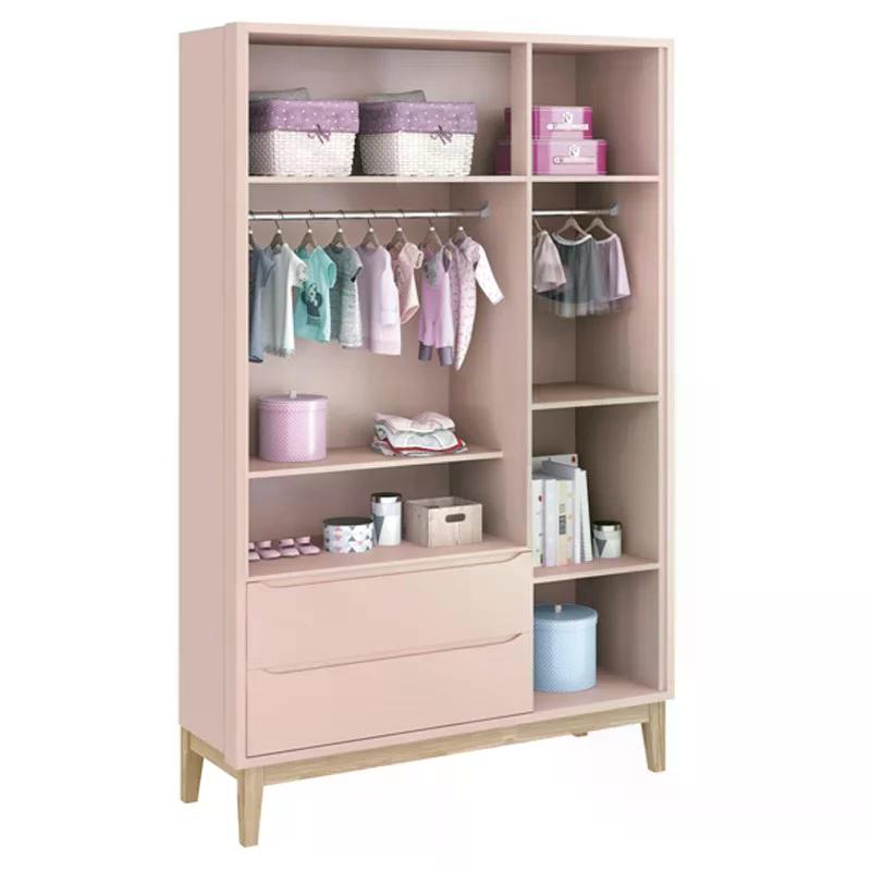 Dormitório Classic 3 Portas, Cômoda 3 Gavetas Rosa com Pés Madeira Natural e Colchão D18 - Reller Móveis