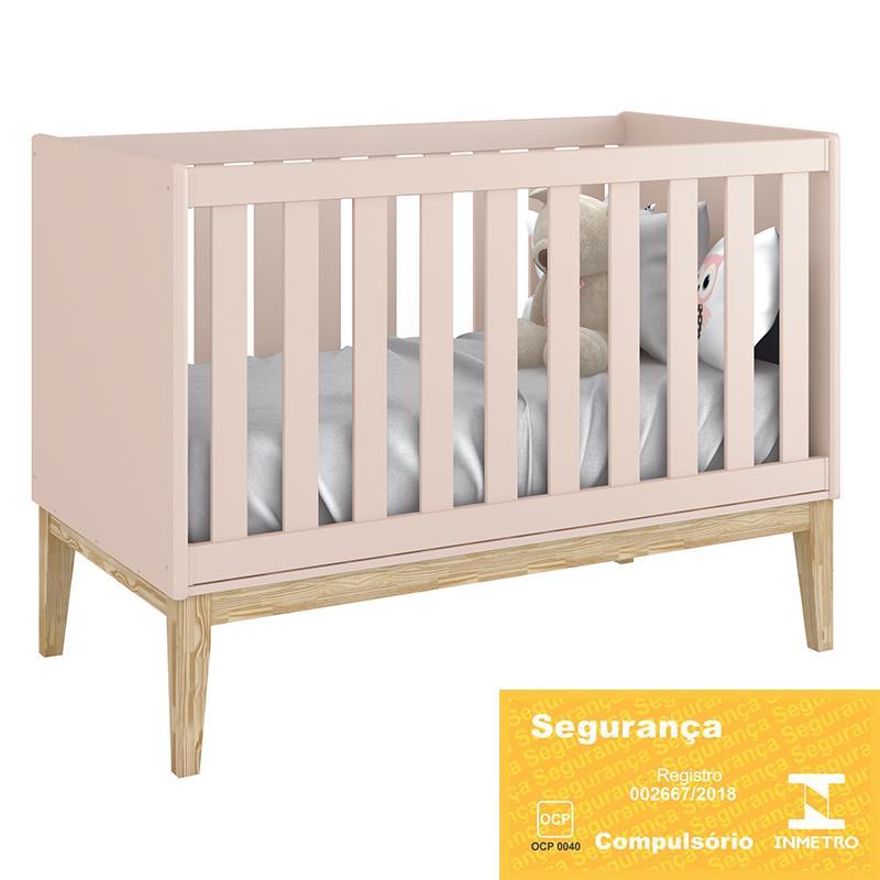 Dormitório Completo Infantil Classic 3 Portas, Cômoda 6 Gavetas e Berço Rosa Fosco com Pés Madeira Natural - Reller Móveis