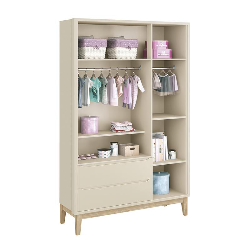 Dormitório Completo Infantil Classic 3 Portas, Cômoda 6 Gavetas, Berço Areia Fosco com Pés Madeira Natural e Colchão D18 - Reller Móveis 