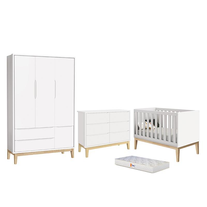 Dormitório Completo Infantil Classic 3 Portas, Cômoda 6 Gavetas, Berço Branco Fosco com Pés Madeira Natural e Colchão D18 - Reller Móveis 