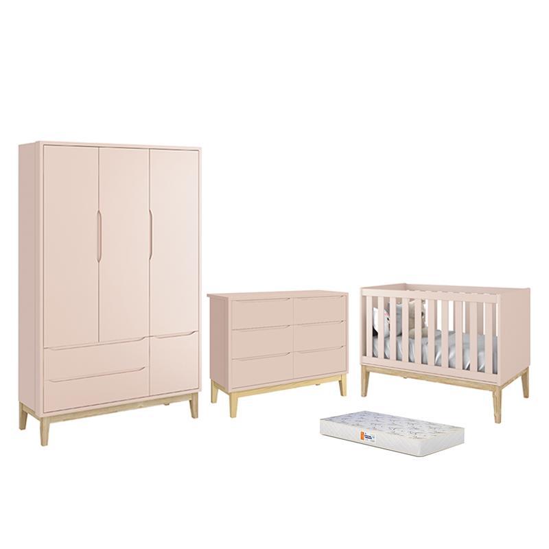 Dormitório Completo Infantil Classic 3 Portas, Cômoda 6 Gavetas, Berço Rosa Fosco com Pés Madeira Natural e Colchão D18 - Reller Móveis