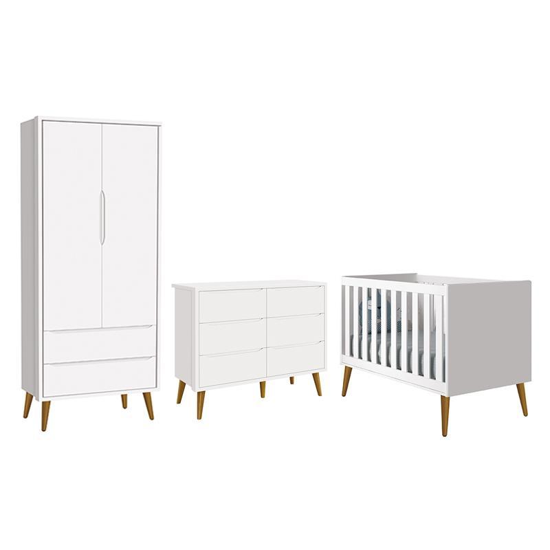 Dormitório Completo Infantil Theo 2 Portas, Cômoda 6 Gavetas e Berço Branco Fosco com Pés Amadeirado - Reller Móveis