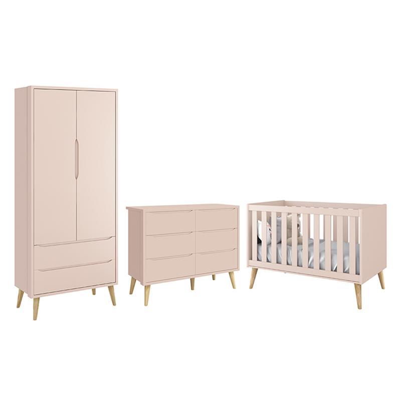 Dormitório Completo Infantil Theo 2 Portas, Cômoda 6 Gavetas e Berço Rosa Fosco com Pés Madeira Natural - Reller Móveis
