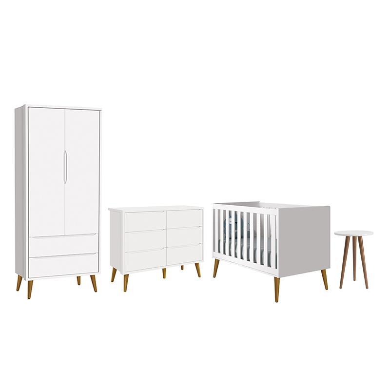 Dormitório Completo Infantil Theo 2 Portas, Cômoda 6 Gavetas, Berço e Mesa de Canto Branco Fosco com Pés Amadeirado - Reller Móveis