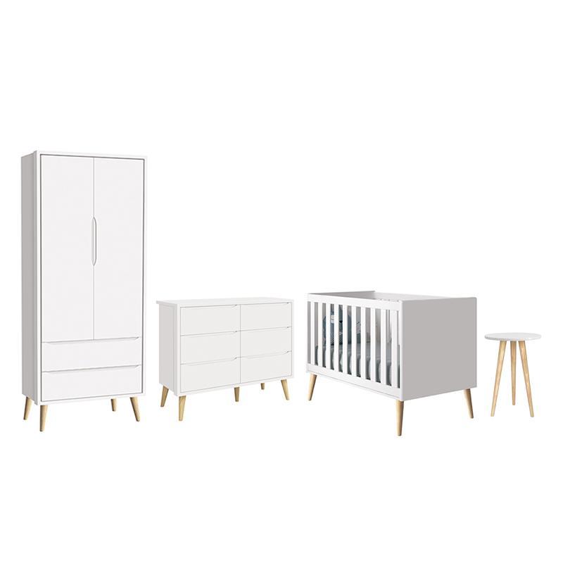 Dormitório Completo Infantil Theo 2 Portas, Cômoda 6 Gavetas, Berço e Mesa de Canto Branco Fosco com Pés Madeira Natural - Reller Móveis 