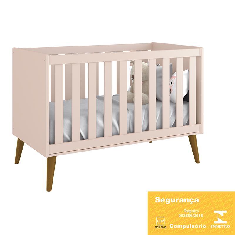 Dormitório Completo Infantil Theo 2 Portas, Cômoda 6 Gavetas, Berço e Mesa de Canto Rosa Fosco com Pés Amadeirado - Reller Móveis