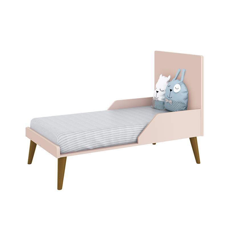 Dormitório Completo Infantil Theo 2 Portas, Cômoda 6 Gavetas, Berço e Mesa de Canto Rosa Fosco com Pés Amadeirado - Reller Móveis
