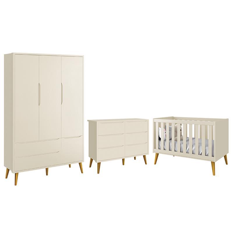 Dormitório Completo Infantil Theo 3 Portas, Cômoda 6 Gavetas e Berço Areia Fosco com Pés Amadeirado - Reller Móveis